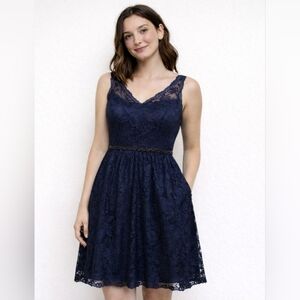 Azazie Midnight Blue Lace Midi Dress PTP 17 Length 40 - Size XSmall - EUC